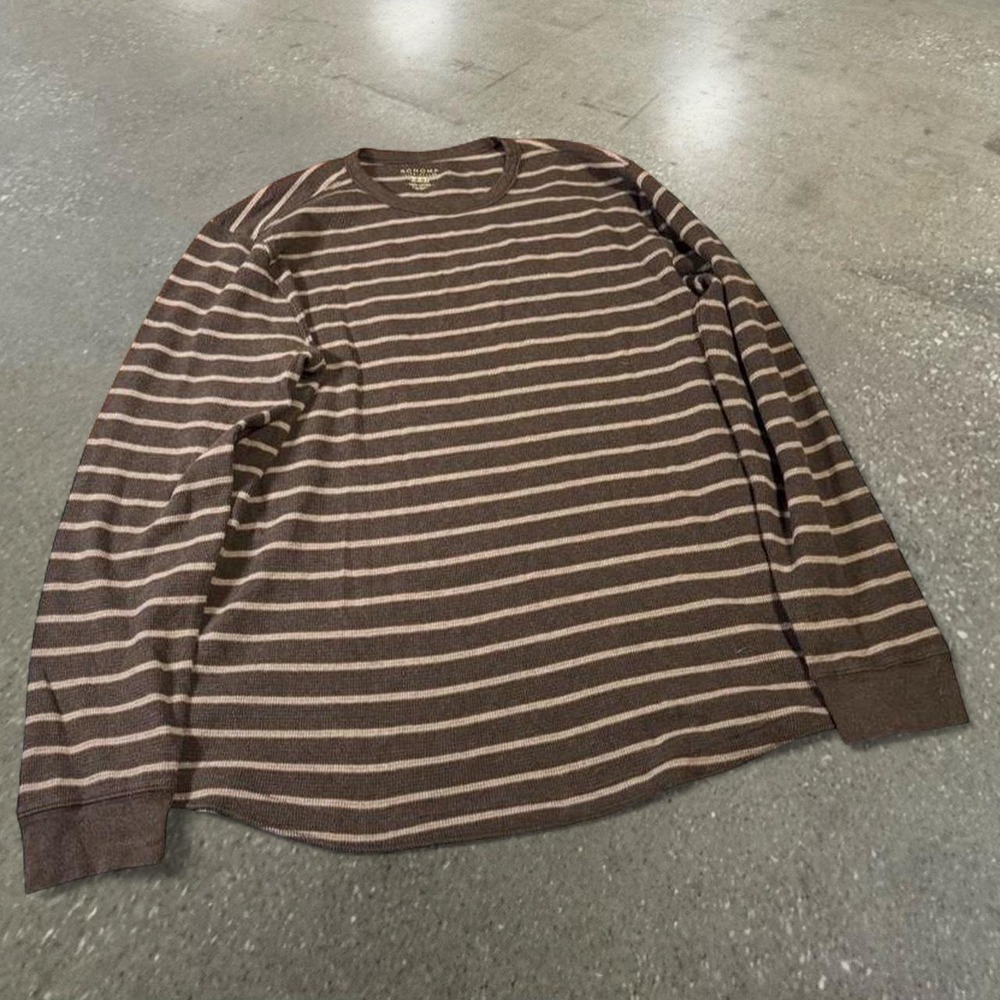 Sonoma Striped Brown Thermal Sweater Mens XXL Waffle Knit Long Sleeve Top Y2K